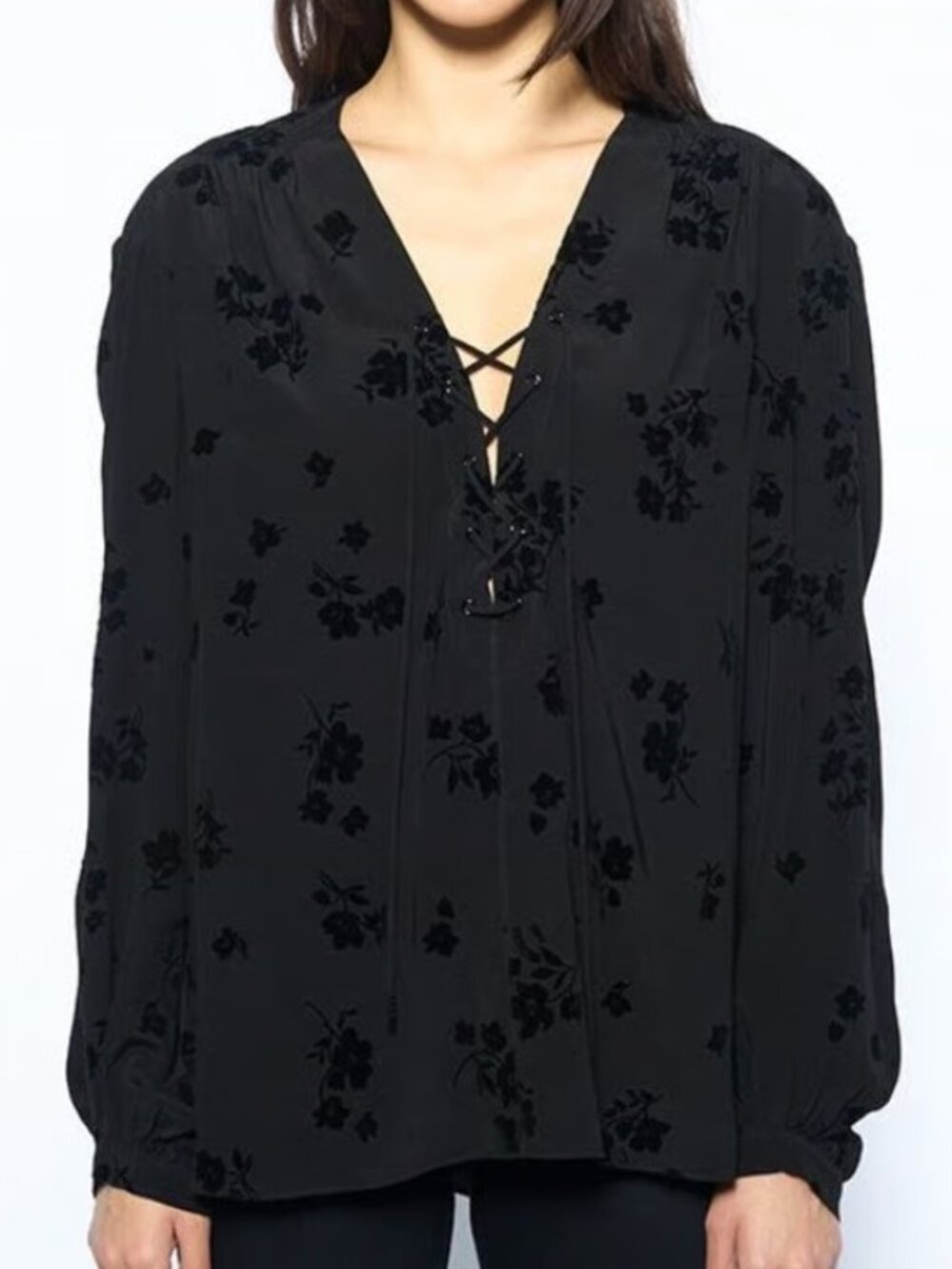 NWT Zadig & Voltaire Tamela Soft Flock Flowers Black Blouse Velvet Floral, SZ XS